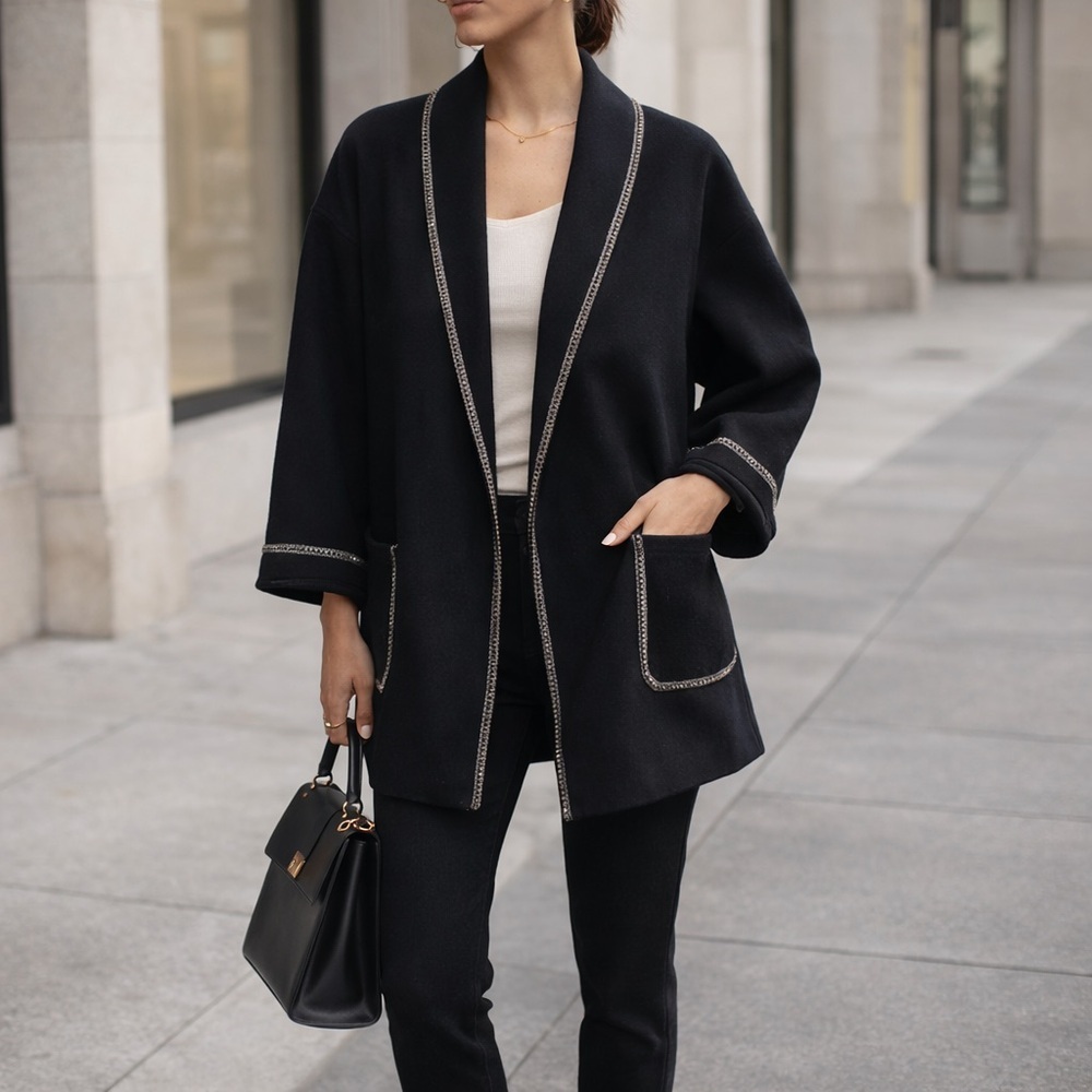 GT.cl Handmade Wool Coat Blazer Beaded Trim Black Size M NWT